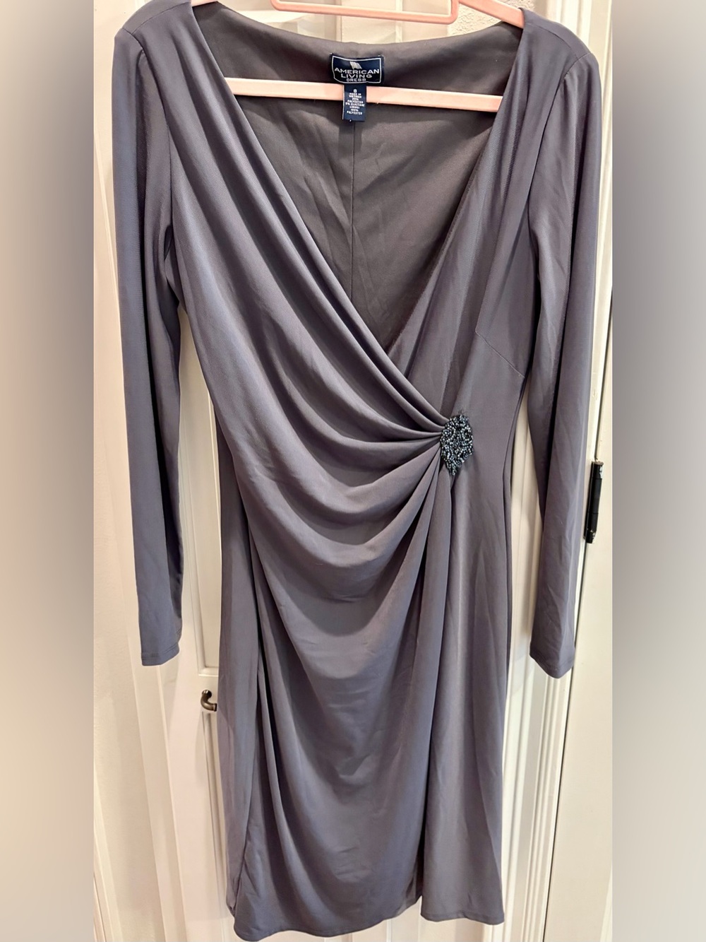 EUC!! AMERICA LIVING Long Sleeve Draped Cocktail Dress in Slate Gray -Worn once